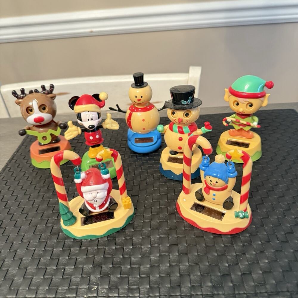 7 Solar Action Bobble Heads Christmas Decorations Mickey Snowmen Elf Tested‎ EUC